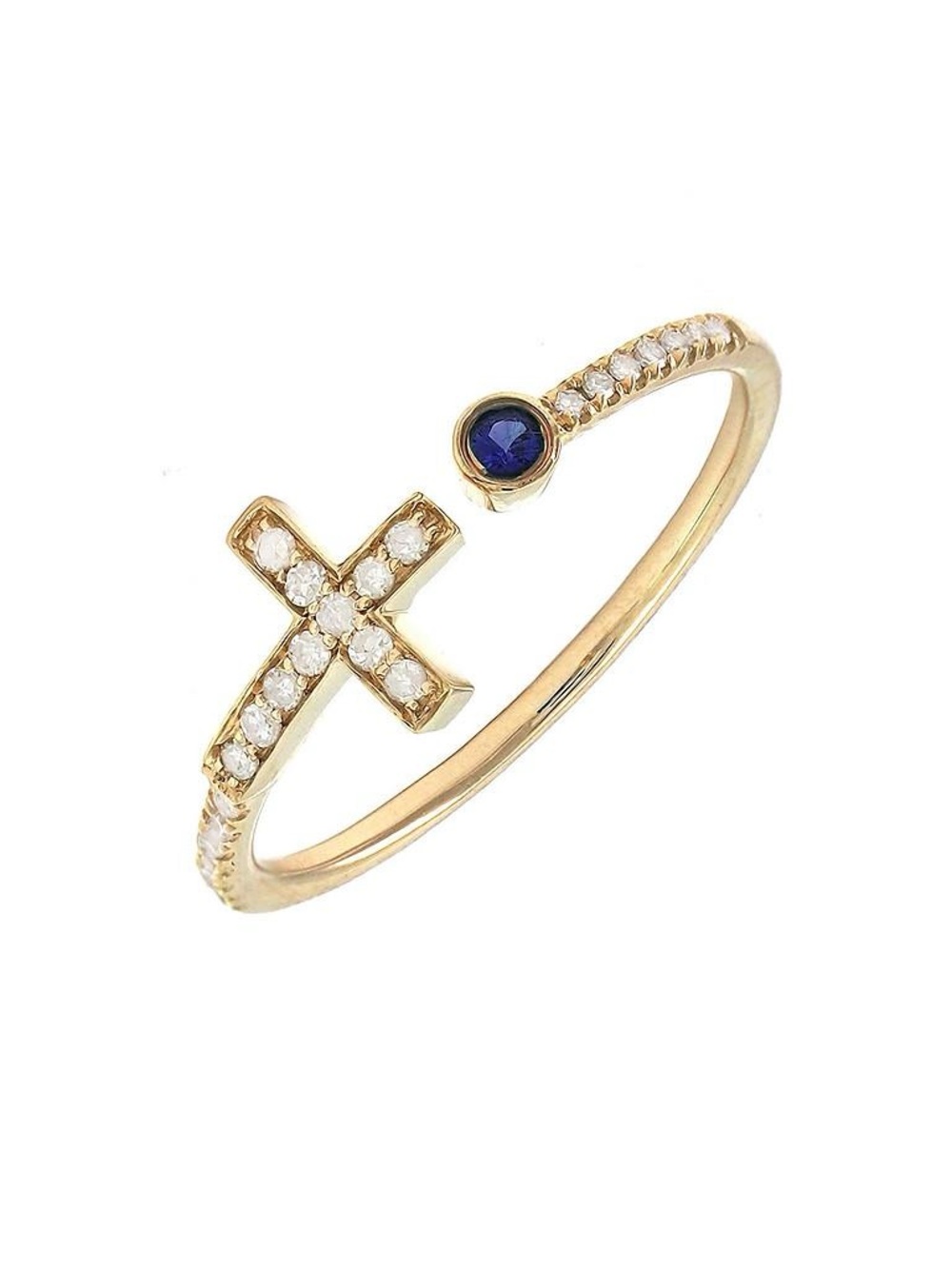 14K Real Solid Gold Yellow Gold Natural Sapphire&Diamond Cross Ring 0.15ctw